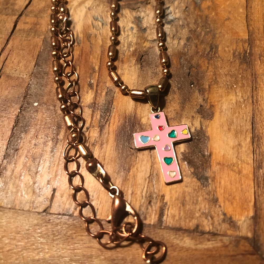 Gold choker with pink cross handmade